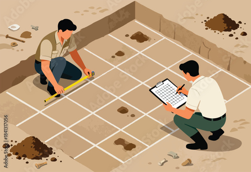 Archaeologists carefully excavate grid squares, measuring and documenting findings