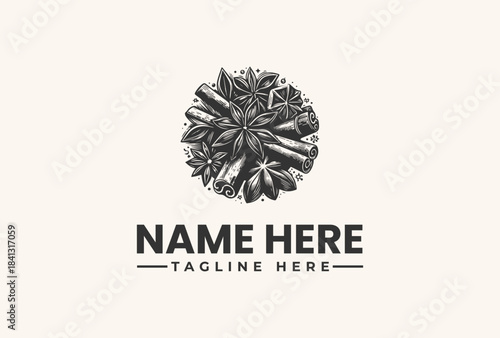 A vector illustration of a spice blend logo featuring cinnamon sticks and star anise, perfect for food or beverage branding
