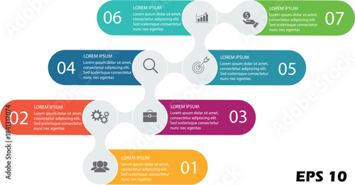 7 Steps Horizontal Connected Business Infographic Vector Template, Flow Chart for Milestones, Sequential Strategy, and Data Presentation Layout.