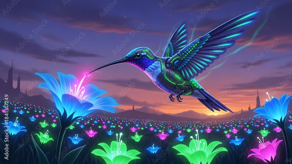 Naklejka premium Glowing hummingbird flying over colorful flowers at sunset