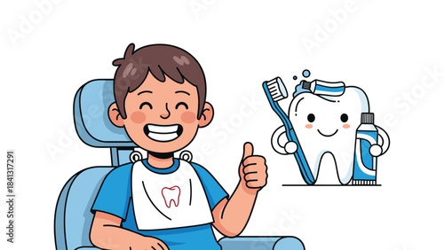 A cartoon boy sitting in a dentist chair with a tooth character holding a toothbrush and toothpaste