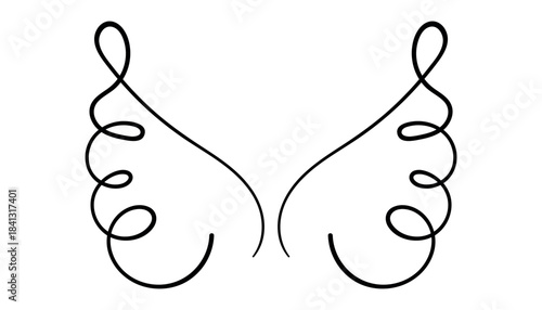 Elegant Swirly Angel Wings Line Drawing Black continuous line art of stylized angel wings with decorative swirls, ideal for tattoo design, logos, or spiritual artwork