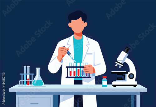 Person in lab coat conducts experiment with test tubes, beaker, and microscope