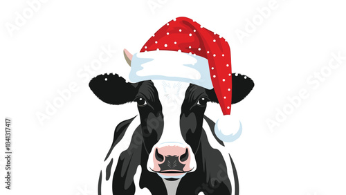 A black and white cow wearing a red santa hat on its head isolated on white background for christmas or holiday themed designs and decorations