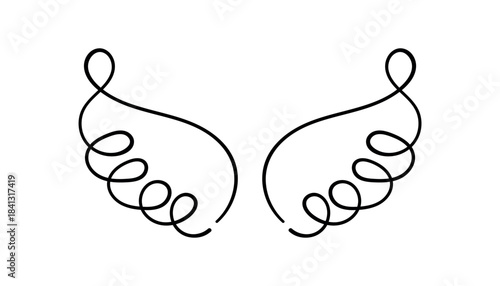Curly abstract angel wings line drawing Stylized minimalist line art of curly angel wings, ideal for tattoo designs, logos, or fantasy and spiritual themes