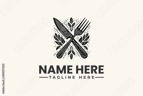 Vintage restaurant logo vector illustration with crossed knife and fork. Classic dining emblem design for cafe, bistro, or food service brand