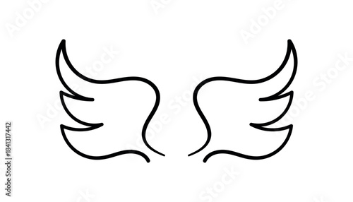 Elegant wing outline illustration in minimalist style Minimal black line art of stylized wings with smooth curves and pointed tips, isolated on white for creative design or tattoos