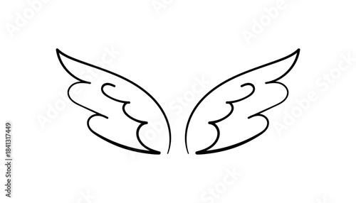 Stylized wing line drawing with pointed tips. Clean black line art of a symmetrical pair of stylized wings with pointed tips and smooth feather curves, on white background