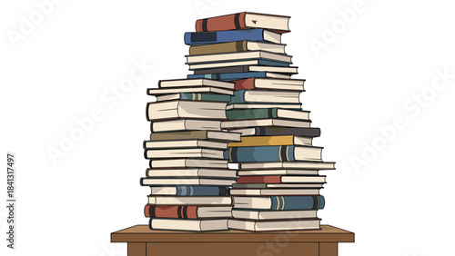 A large stack of books on a brown table on a white background