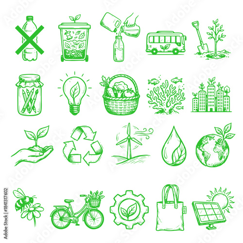 eco energy organic environment green hand drawn icon set on white background