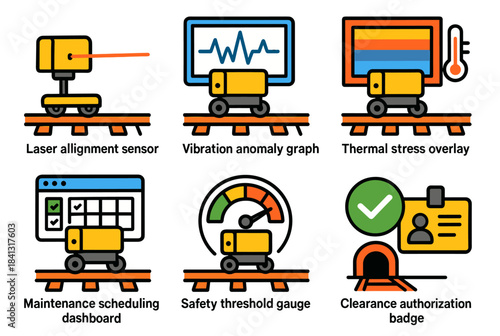 Industrial monitoring icons featuring sensors and safety dashboards