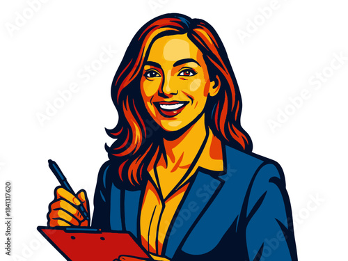cheerful female marketer in a blazer, holding a clipboard and pen, symbolizing branding and strategy. Generative ai vector colorful pop art illustration.