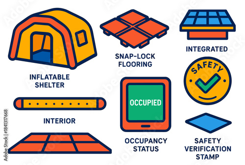 Inflatable shelter with snap-lock flooring and safety verification icons