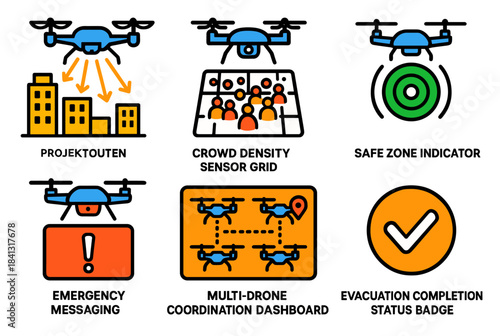 Illustrations of drones in urban planning and crowd management solutions