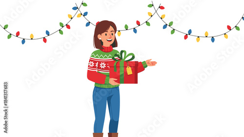 A cartoon woman holding wrapped presents under colorful christmas lights on a white background