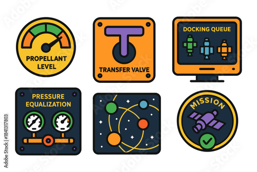 Space mission icons featuring propellant levels and docking queue indicators