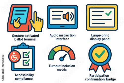 Accessible voting technology icons: gesture-terminal, audio interface, display panel