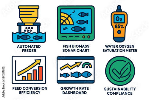 Aquaculture technology icons: automated feeder, sonar chart, oxygen meter, efficiency, growth, sustainability
