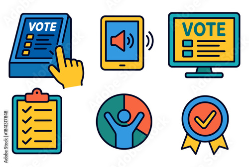 Voting icons set: electronic voting machine, checklist, award badge, user participation
