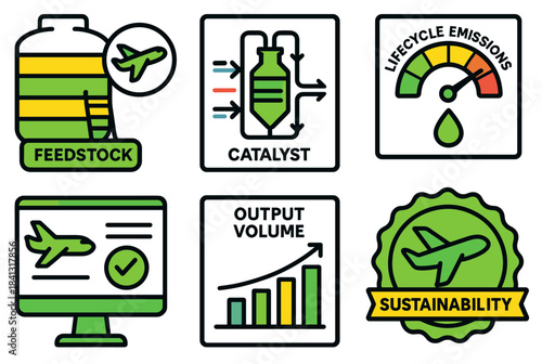 Aviation sustainability icons: feedstock, catalysts, emissions, output volume