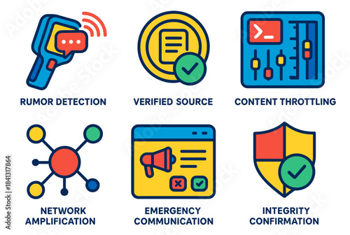 Icons illustrating rumor detection, verified source, content throttling, network amplification, emergency communication, integrity confirmation