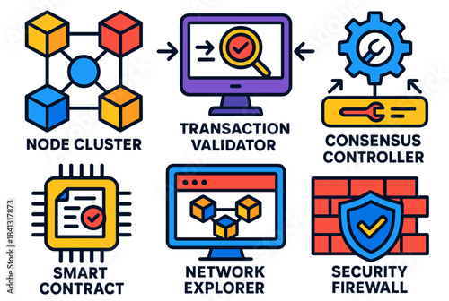 Blockchain technology icons set featuring node cluster and security firewall