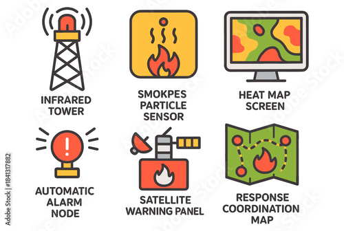 Wildfire detection system icons: infrared tower, sensors, maps, and panels