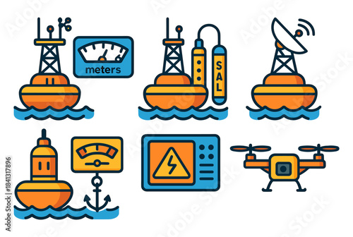 Colorful ocean technology icons featuring buoys and a drone