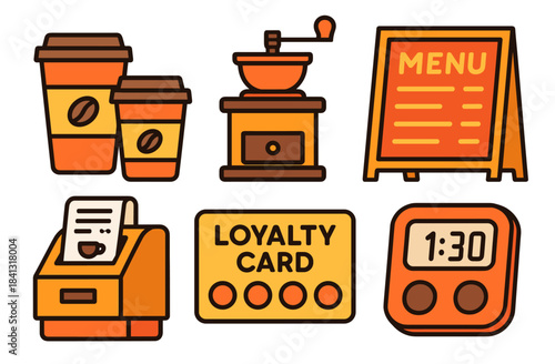 Coffee shop essentials: grinder, menu, loyalty card, timer, and to-go cups illustration