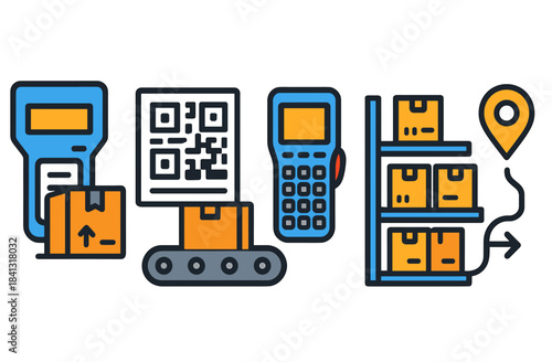 Logistics and inventory management icons with barcode and conveyor