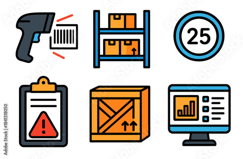 Warehouse and inventory icons: barcode scanner, boxes, digital display, alert sign