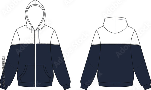 Modern two tone hoodie front and back flat sketch, casual fashion sweatshirt design, unisex streetwear 