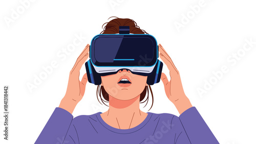 Woman wearing virtual reality goggles and experiencing immersive technology with a surprised expression on her face while playing a game or watching a video