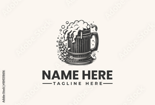 Beer Mug Logo Vector Illustration of a Frothy Drink with Hops
