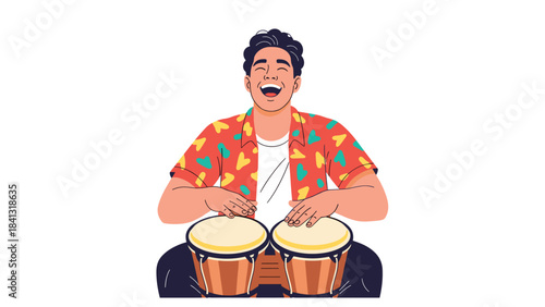 A man enthusiastically playing two djembe drums while sitting down wearing a colorful shirt