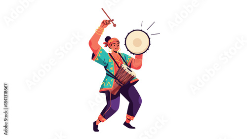 A colorful illustration of a man playing a drum with a stick in a lively and dynamic pose on white background