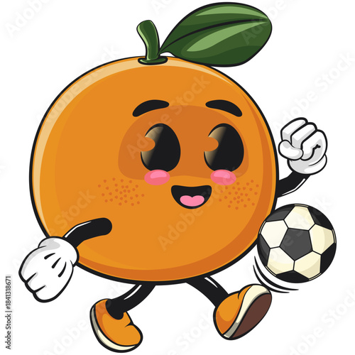 cute orange mascot character playing football or soccer, happy mandarin fruit cartoon vector illustration, work of hand drawn