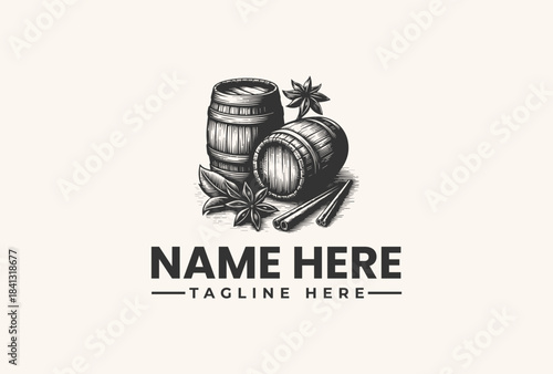 Vector illustration logo of wooden barrels with spices, perfect for branding and packaging design