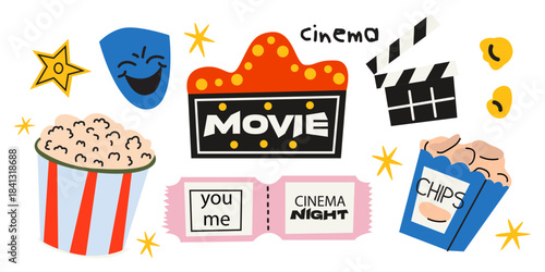 Cartoon cinema elements set in retro doodle style. Popcorn, cinema ticket, chips, theatrical mask. Funky groovy movie icons for labels, tags, patches, stickers. Vector illustrations