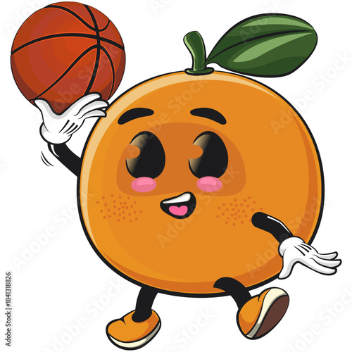 cute orange mascot character playing basketball, happy mandarin fruit cartoon vector illustration, work of hand drawn
