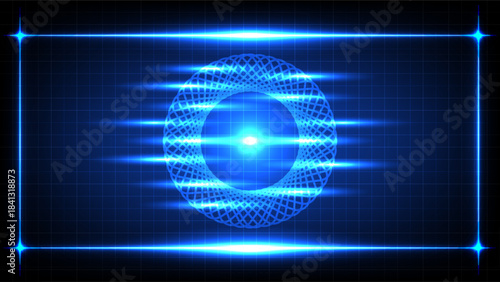 Glowing blue spirograph light portal with motion streaks on a digital grid, creating a high tech futuristic atmosphere