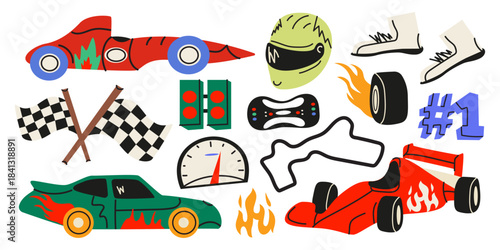 Racing sport elements in cartoon groovy style. A racing car, track, steering wheel, speed, driver's helmet, wheel tires, checkered flags. Car racing stickers. Competition, drive, victory concept
