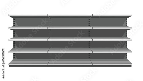 Gray metal shelving unit with five empty shelves isolated on white background for storage and display purposes in warehouses or retail spaces