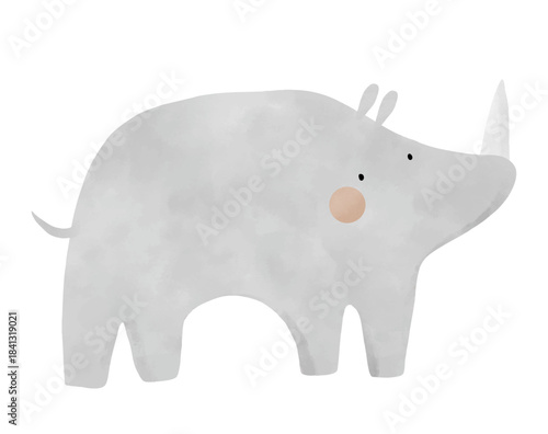 Cute Cartoon Rhinoceros Vector Illustration. Minimalist rhino with white horn. Funny hand drawn safari animal. Abstract drawing of rhino great for nursery art, kids' books, or educational designs.