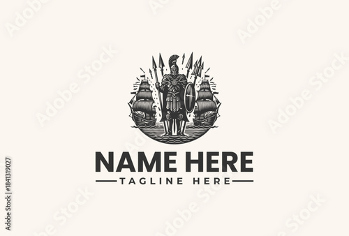 A vintage warrior illustration logo vector with ancient ships, perfect for a brand seeking a bold and historical identity