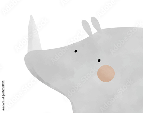 Cute Cartoon Rhinoceros Vector Illustration. Happy rhino with big horn. Funny hand drawn safari animal. Abstract portrait of rhino ideal for nursery art, kids' books, or educational designs. 