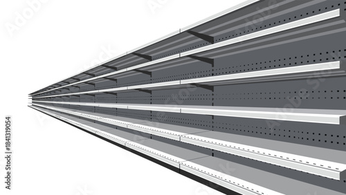 Closeup view of multiple gray and white shelves with holes for storage and organization isolated on white background