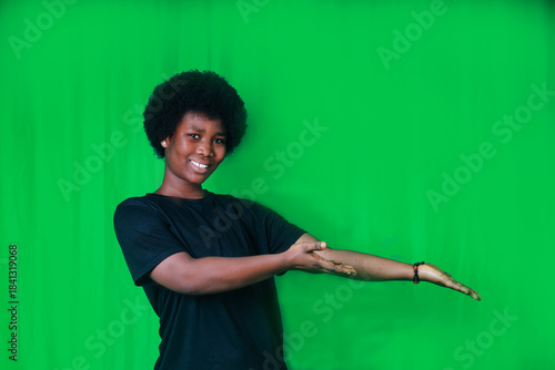 Smiling presentation on green background