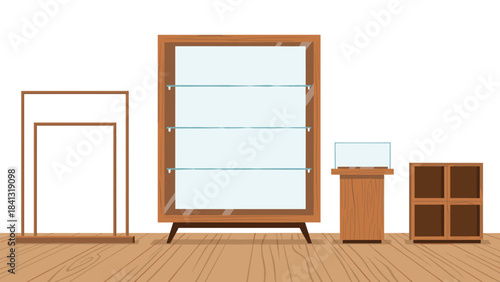Furniture illustration of various wooden display cases and shelves on a wooden floor isolated on white background