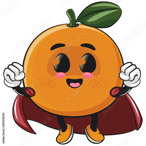cute orange mascot character as flying superhero wearing a robe, happy mandarin fruit cartoon vector illustration, work of hand drawn